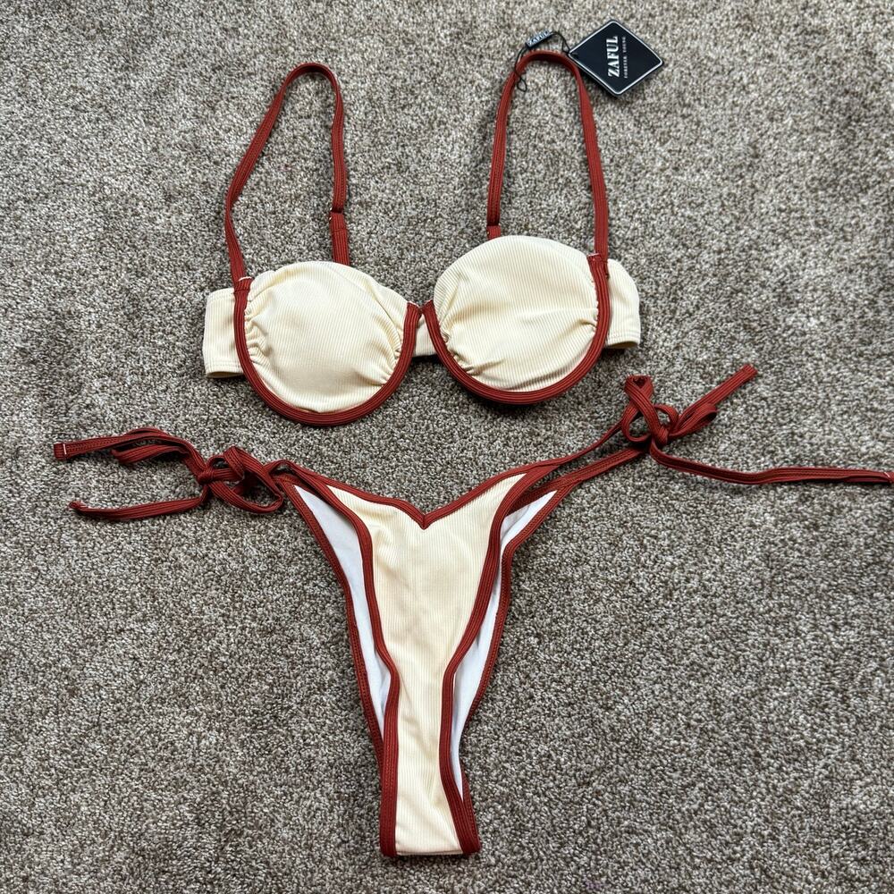 ZAFUL Ribbed Two Piece Micro Bikini NWT Size 4 Cyan Cream Sexy Tanning Summer